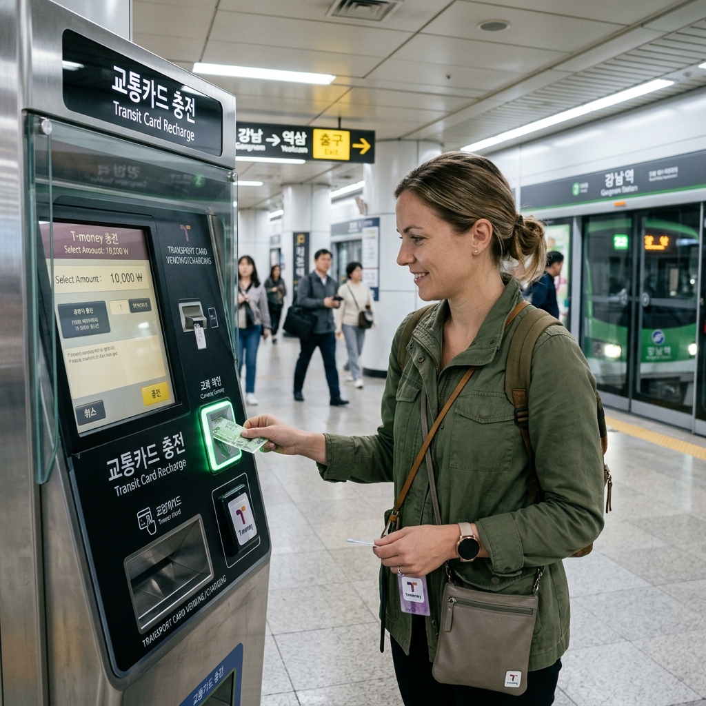 Foreign traveler inserting Korean Won banknotes into a subway transit card reload kiosk in Seoul
