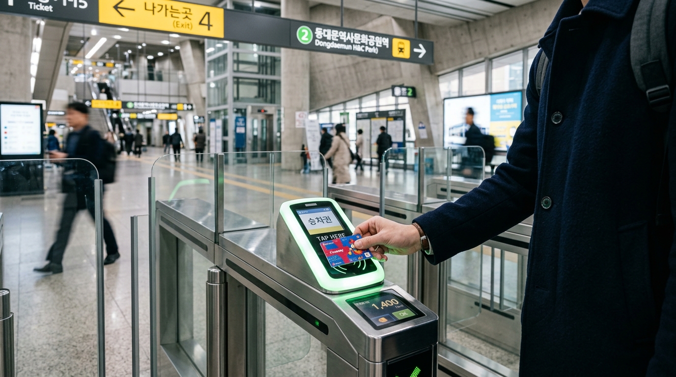 A traveler tapping a Korean transit card onto a digital turnstile gate inside a modern Seoul subway station