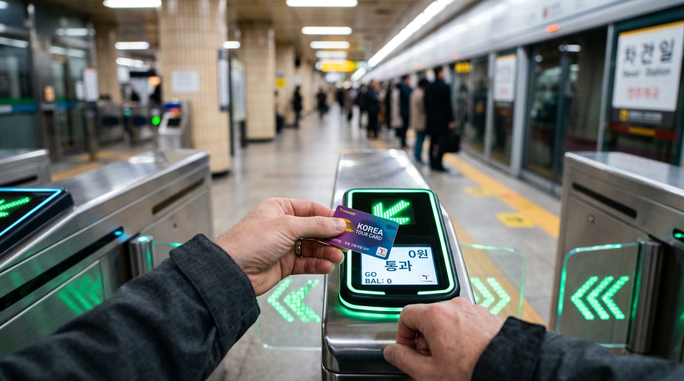 A traveler tapping a Korean transit card onto a digital turnstile gate inside a modern Seoul subway station showing 0 won pass
