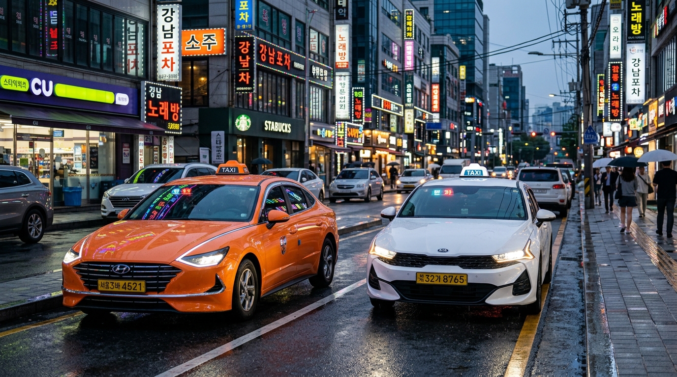 Modern orange and white metered sedans waiting on a Seoul street