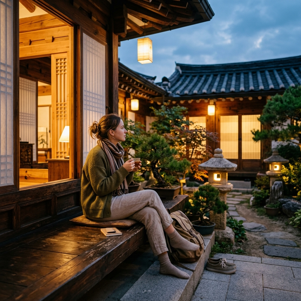 Foreign traveler sitting peacefully on polished wooden porch of traditional Korean Hanok house in Bukchon Seoul