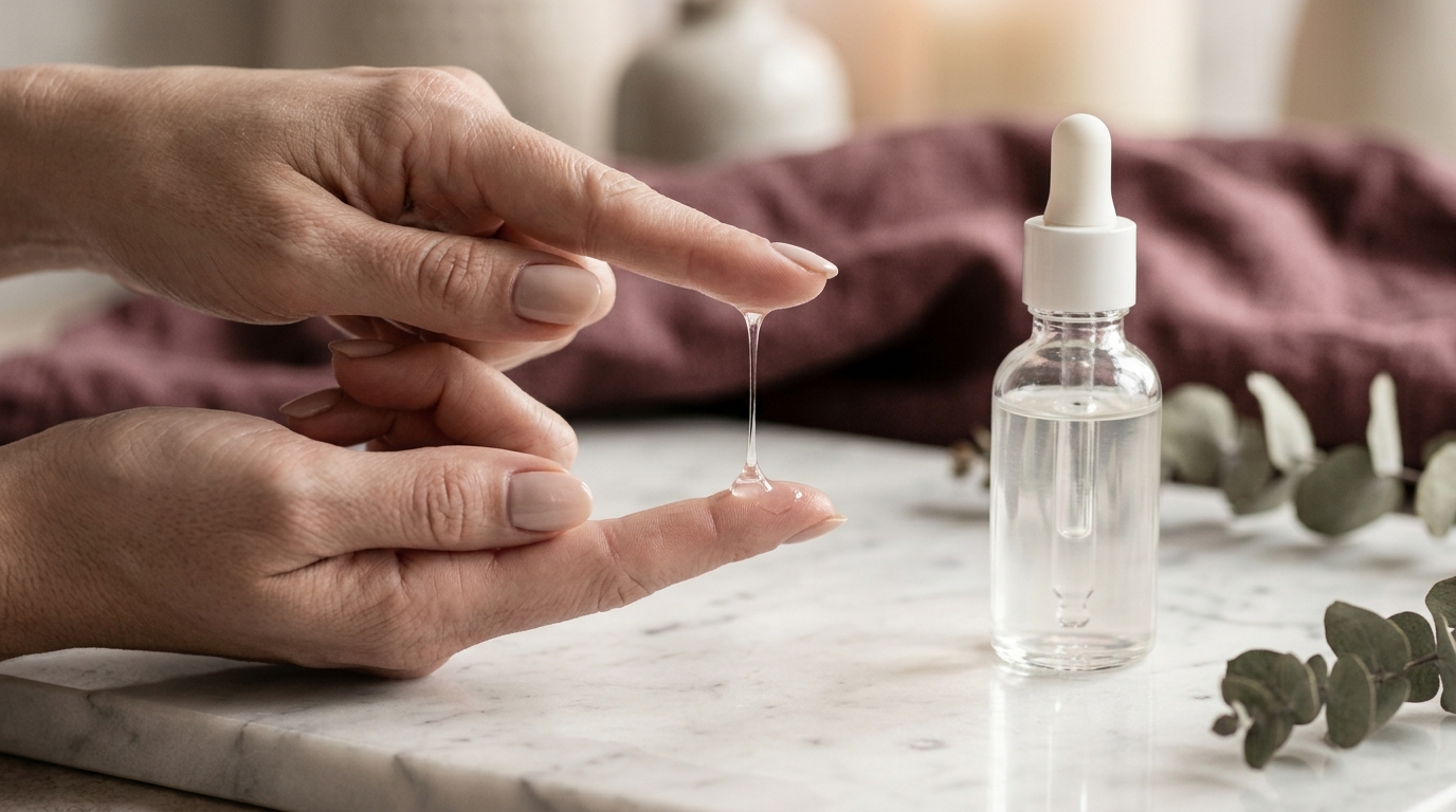 Snail-mucin essence stretching in a clear strand between two fingertips beside a dropper bottle
