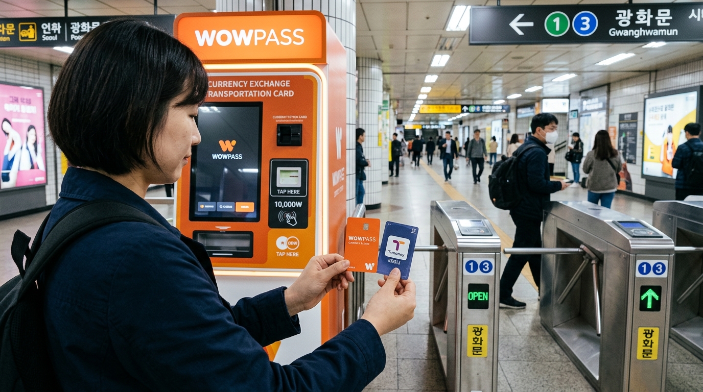A traveler comparing an orange WOWPASS card and a T-Money card in front of a WOWPASS automated currency exchange kiosk at a Seoul subway station