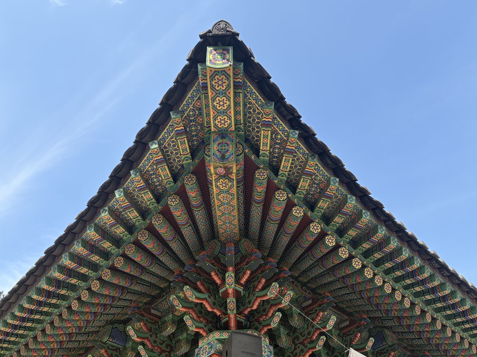 Colorful painted patterns under the temple roof eaves